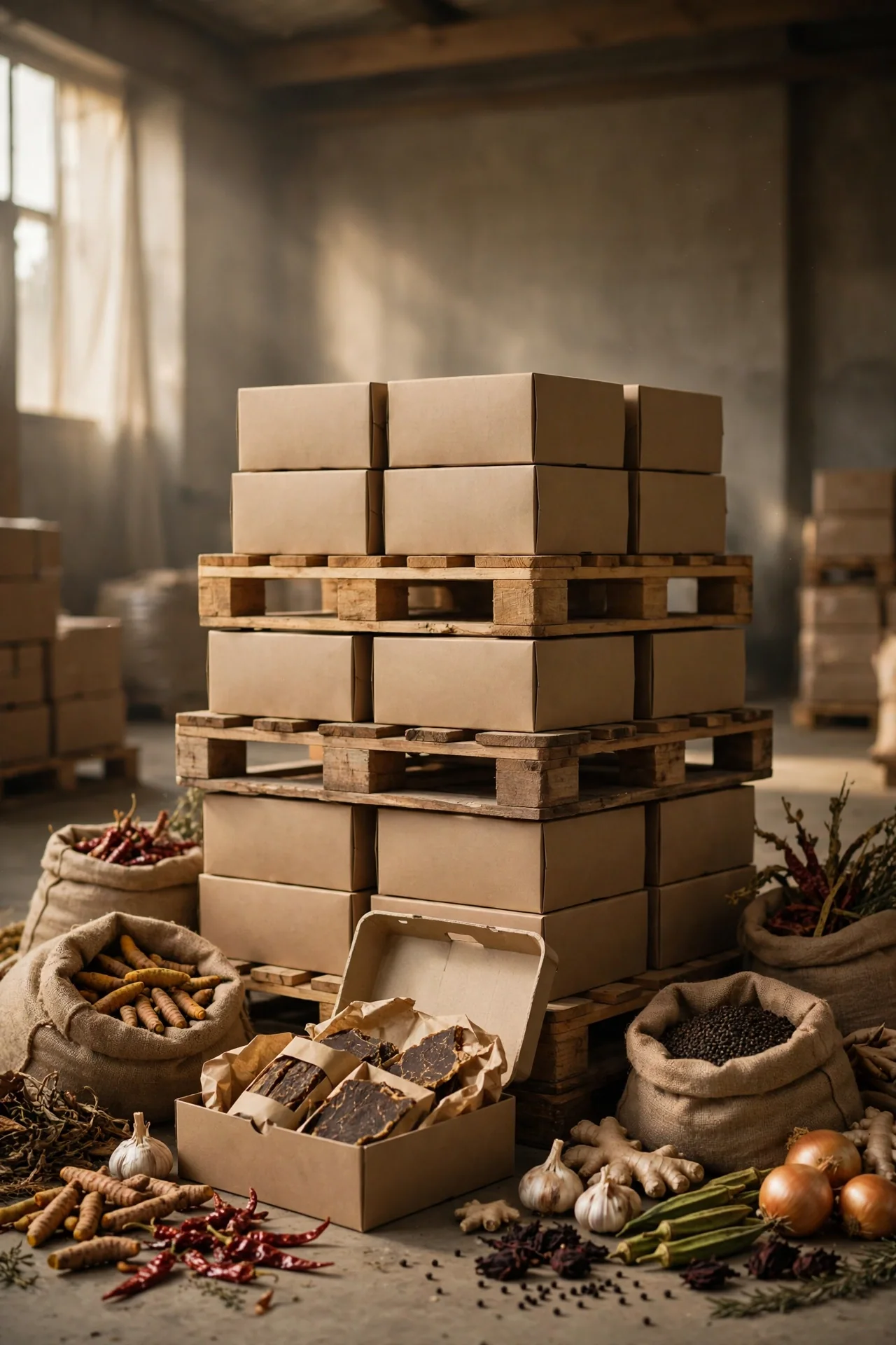 Stacked export cartons of meat, vegetables and spices