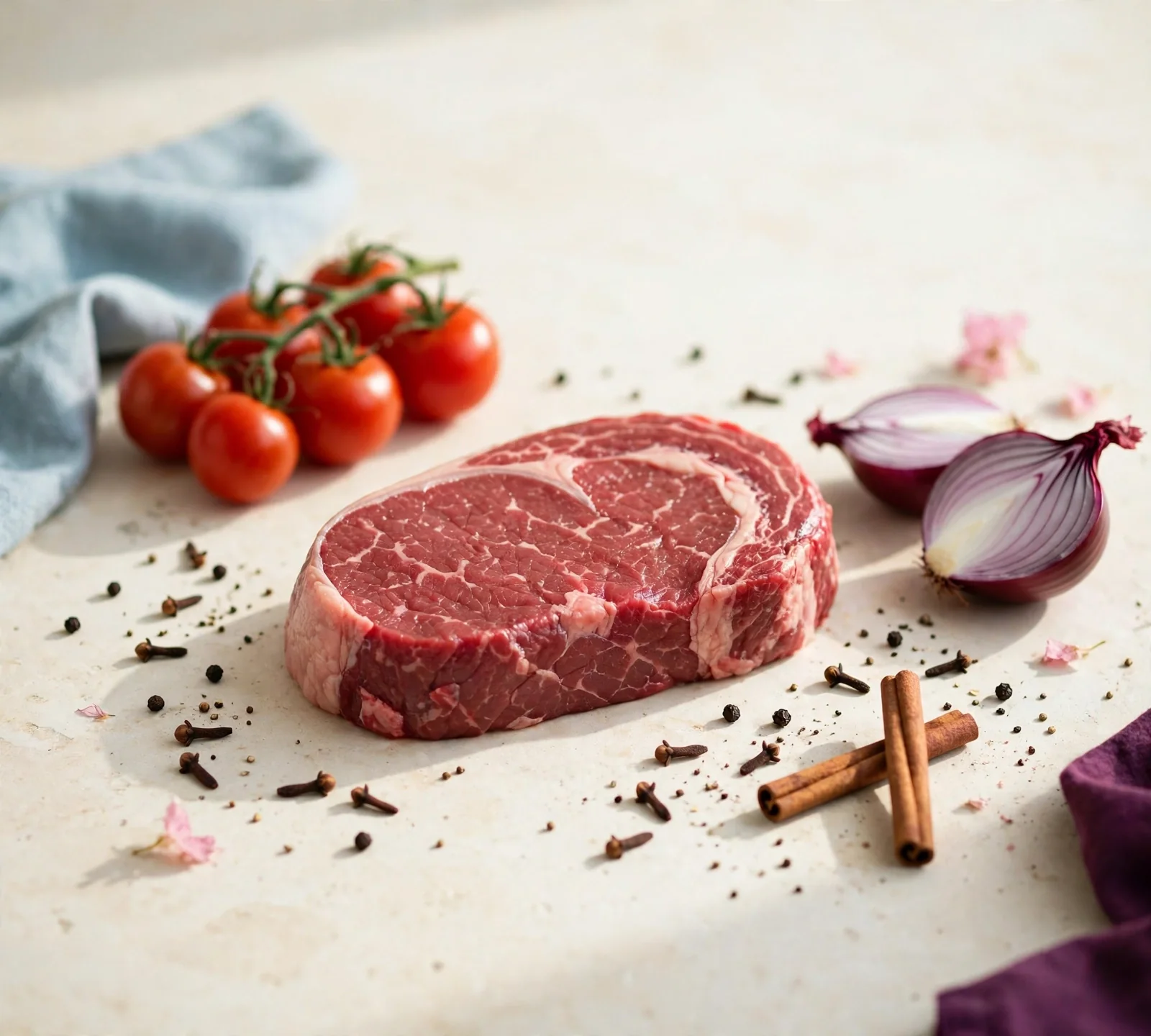 Fresh cuts of beef and ripe vegetables on a clean surface in bright daylight