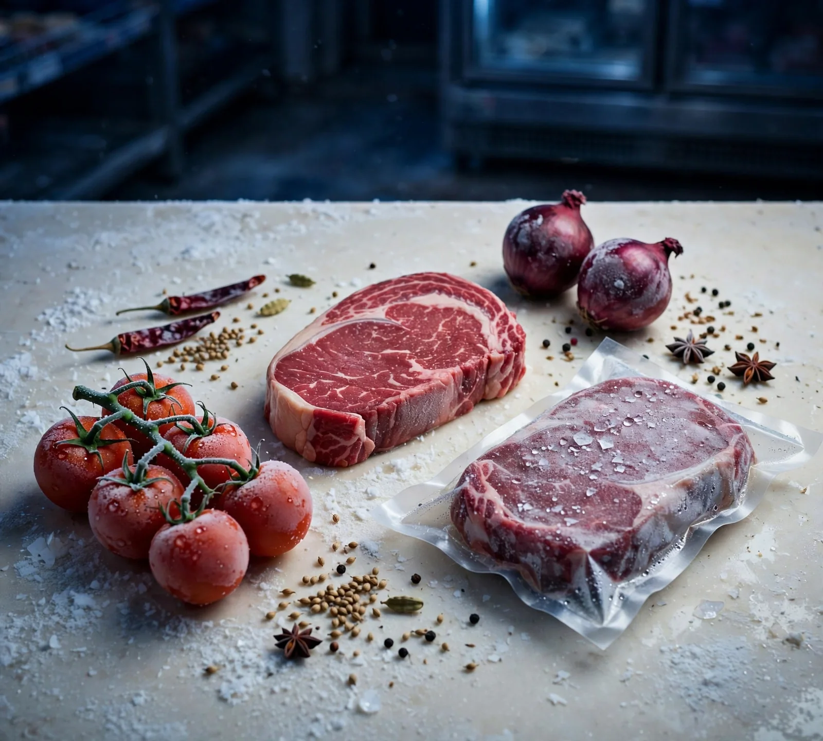 Frozen vacuum-packed meat in a cold store under cool blue light