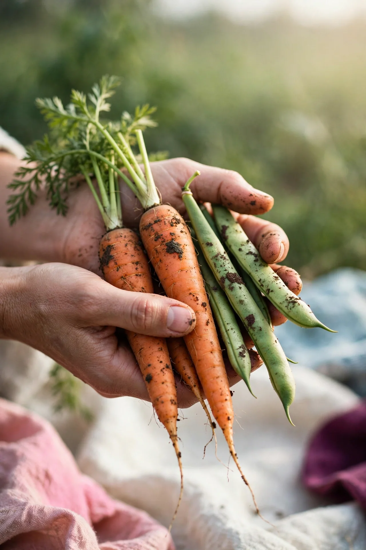 Hands holding freshly harvested vegetables at a farm