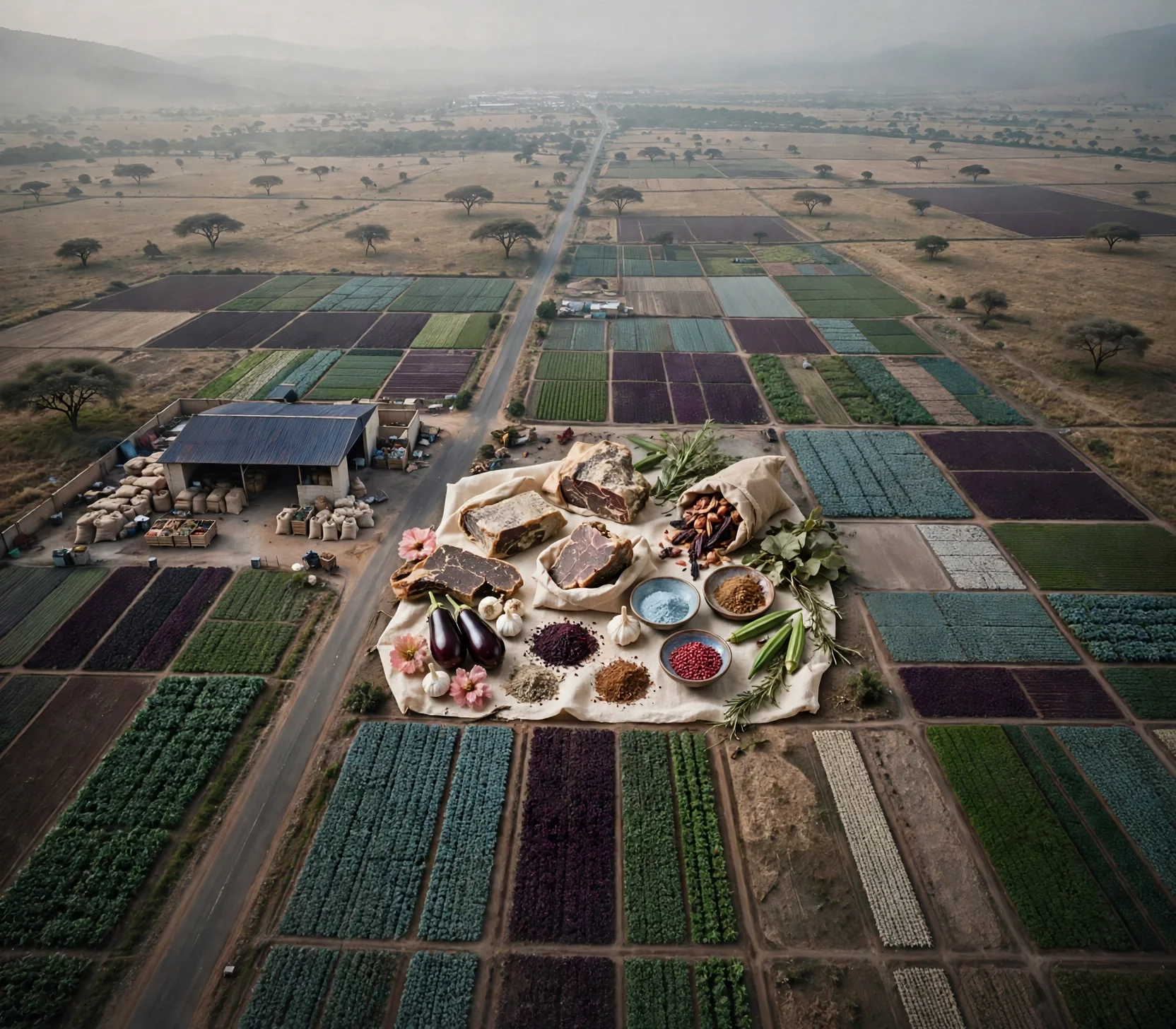 Aerial view of savanna farmland, packhouse and road to the port
